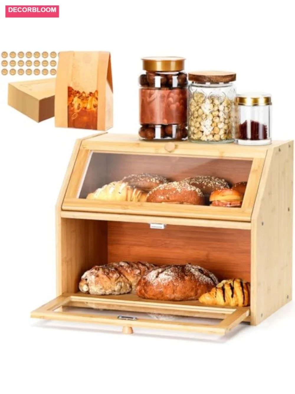 Large Double Layer Bamboo Bread Box with Clear Door, Includes Bags & Labels